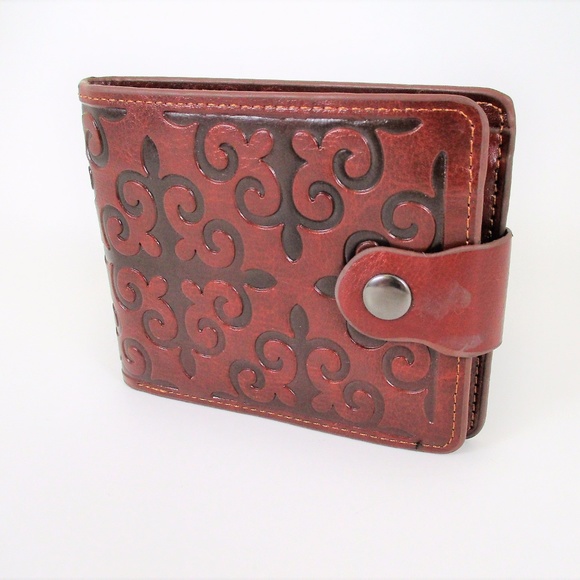 Vintage Handbags - Vintage 70s Vegan Tooled Leather Brown Wallet